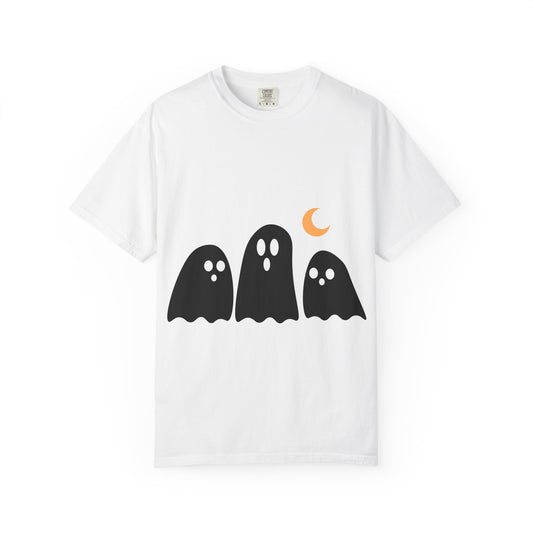 Ghost Trio T-Shirt — Cute Minimal Halloween Tee with Crescent Moon
