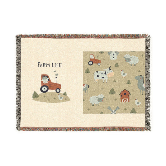 Farm Life Woven Blanket — Cozy Tractor & Barnyard Pattern Throw