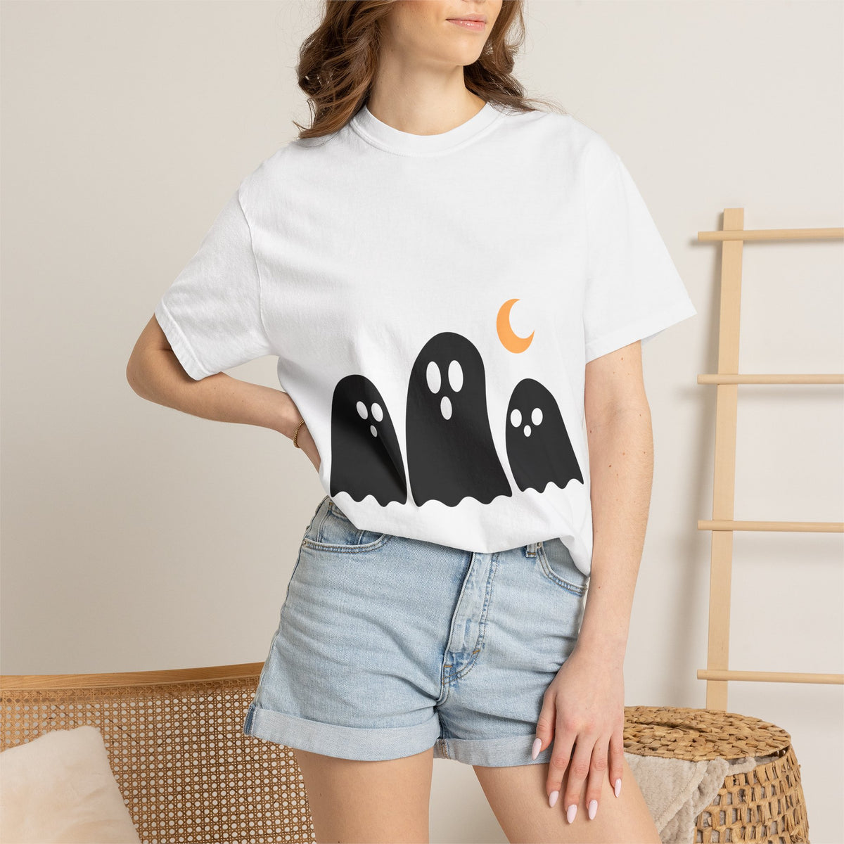 Ghost Trio T-Shirt — Cute Minimal Halloween Tee with Crescent Moon